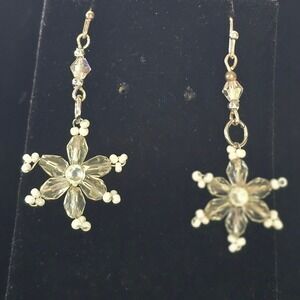 Handmade Snowflake Crystal Bead Dangle Earrings Silver Tone